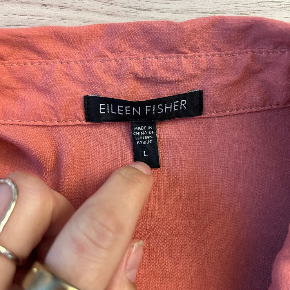 Eileen Fisher Linen Dress Button Front Empire Waist Coral Pink Large - Picture 5 of 14